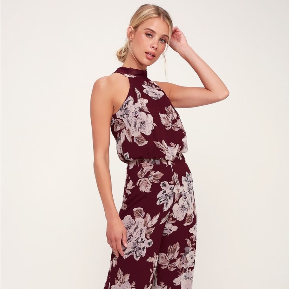 Lulu’s In My Heart Burgundy Floral Print Halter Wide-Leg Jumpsuit